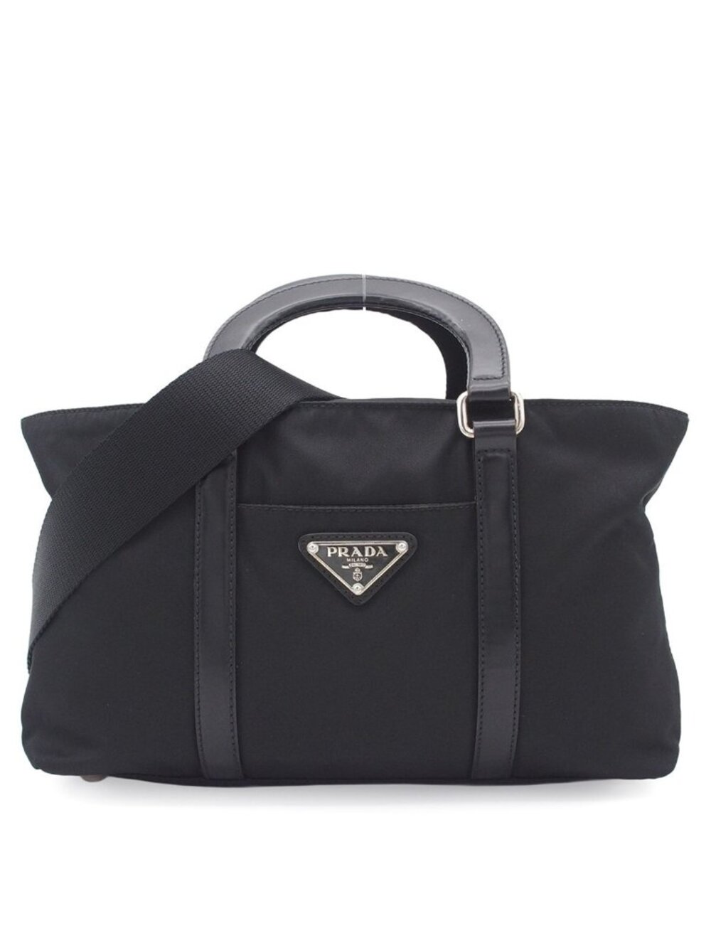 Prada 2-Way Shoulder Bag Black Leather Nylon Triangle Logo